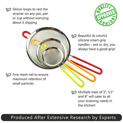 Fine Mesh Stainless Steel Strainer Set of 3 with Silicone Handles - Large, Medium & Small Size